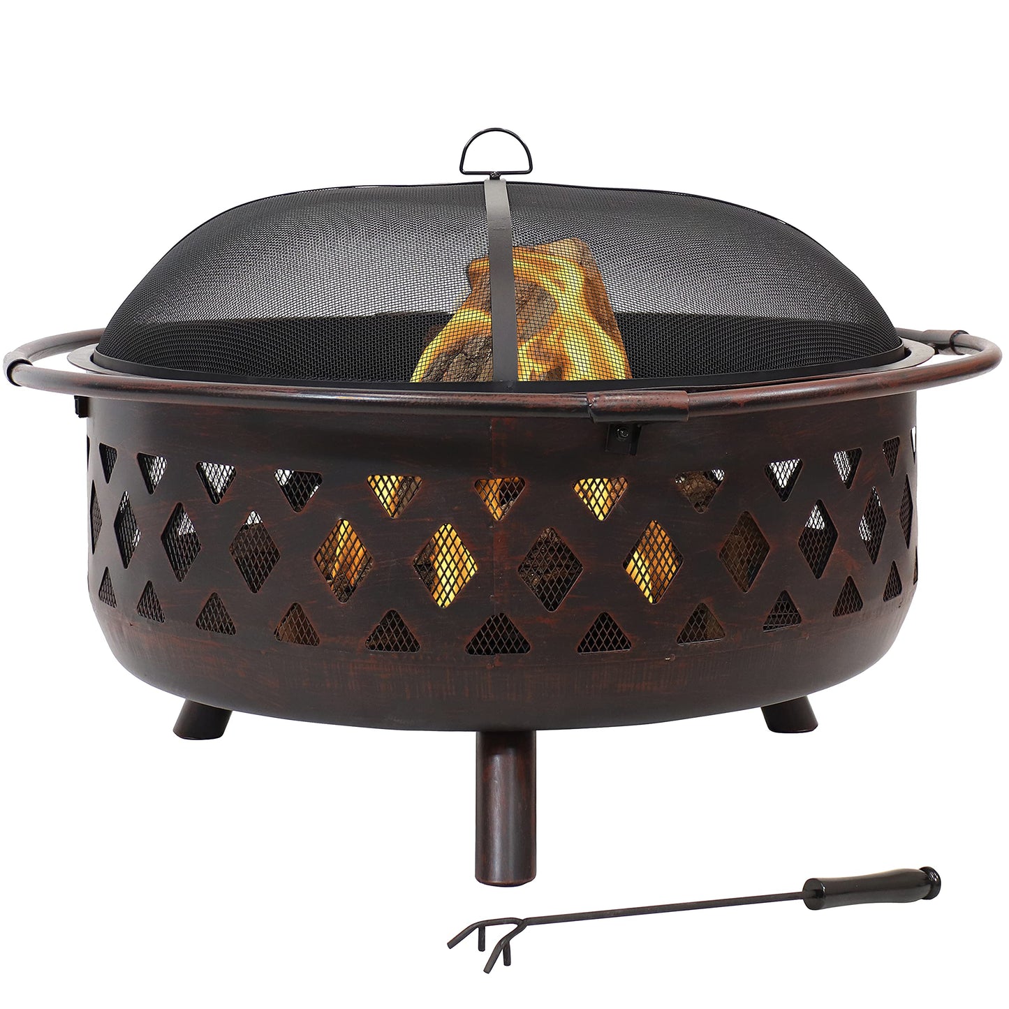 Sunnydaze Crossweave Outdoor Fire Pit - Wood-Burning Fire Pit for Outside with Spark Screen, Poker and Round Cover - 36-Inch - Bronze