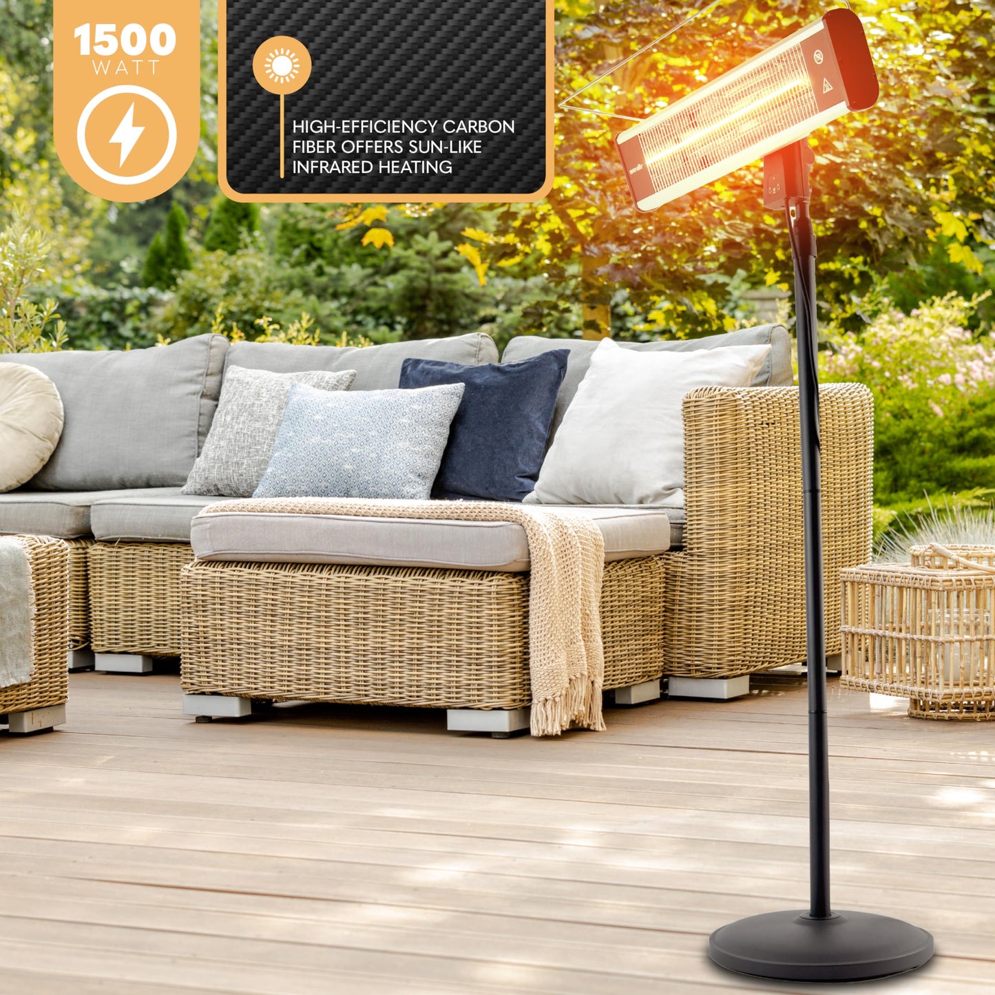 SereneLife Infrared Patio Heater, Electric Patio Heater for Indoor/Outdoor Use, Portable Stand Heater with Remote Control, 1500 W, for Restaurant, Patio, Backyard, Garage, Decks (Off Black)