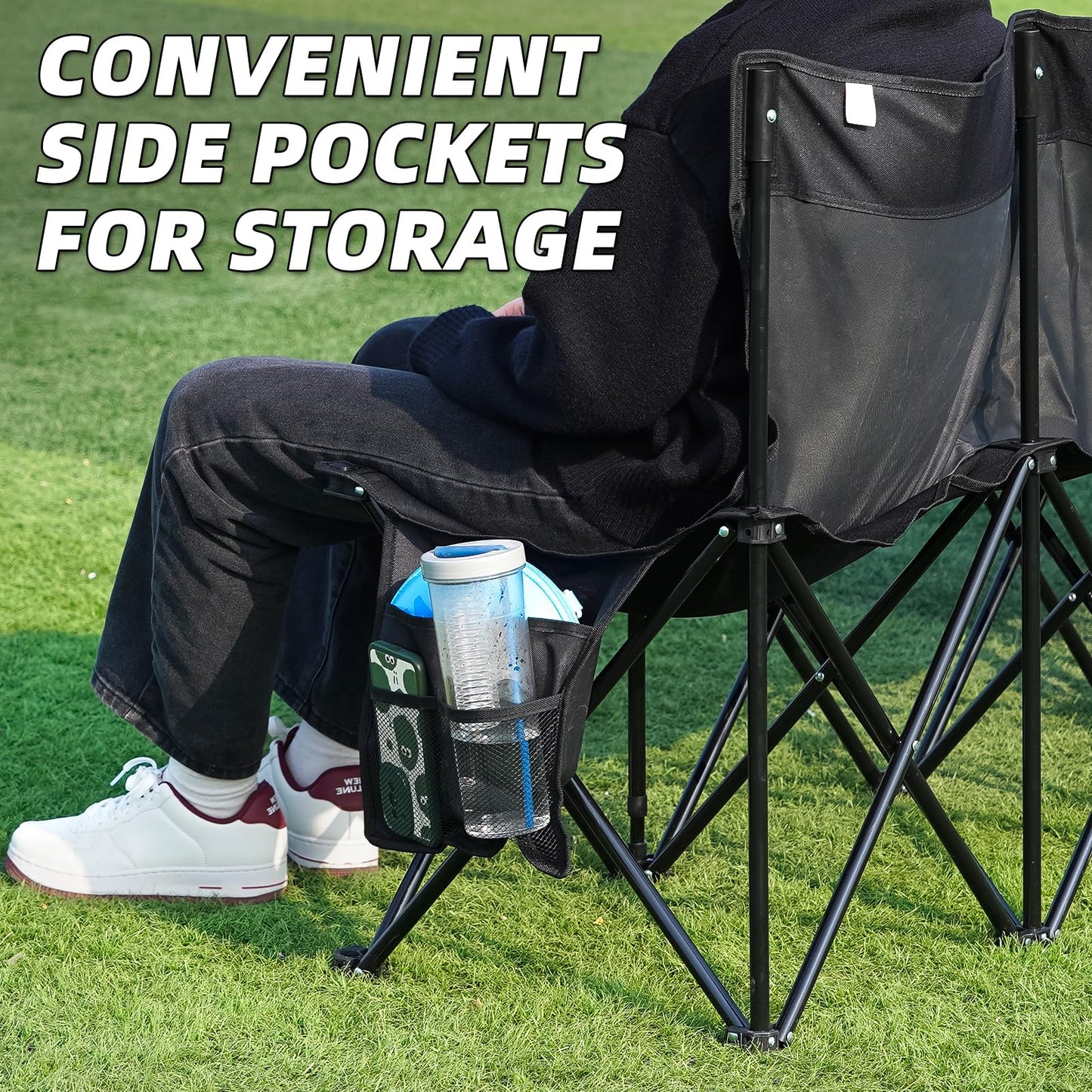 G GOOD GAIN Portable Soccer Bench - Team Bench Soccer 4 Seats with Bag, Sideline Folding Bench, Folded Chair Seating 4 for Football Camp Outdoor Sport Events, Team Chairs for Adults, Black