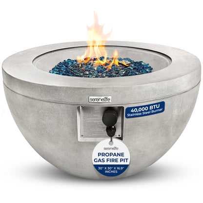 SereneLife 40,000 BTU Propane Fire Pit Table, Round Gas Fire Table with Adjustable Flame Height, Weather Resistant, Blue Glass Rocks, Safe and ETL Certified for Outdoor Use, 30" x 30" x 16.9" Inch