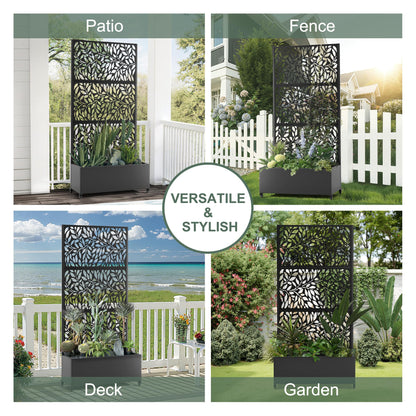 PolarcoForgeco Metal Planter Box with Trellis and Wheels, 35" L×16" W×71" H Outdoor Raised Beds with Privacy Screen, Drainage Holes for Climbing Plants (Black Leaf)