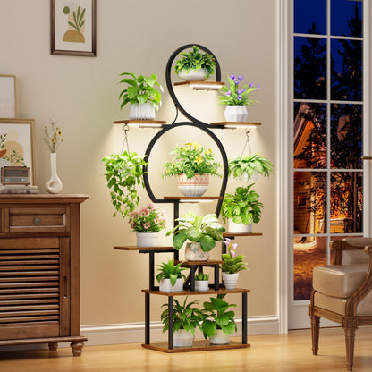 POZILAN Plant Stand Indoor with Grow Lights, 63'' Tall Indoor Plant Shelf, 9 Tiered Lighted Plant Stands for Living Room, Metal & Wood Corner Large Flower Holder for Alcony, Patio & Home, Black