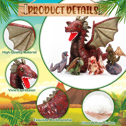 Deekin 7 Pcs Dragon Toy Set 16 Inch Large Dragon Stuffed Animal with 4 Baby Plush and 2 Eggs in Mommy's Belly Dinosaur Plushies Gifts for Boys Girls Birthday(Retro Style)