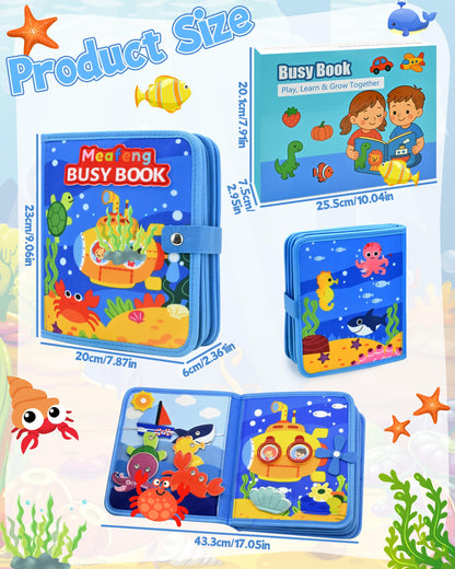 Meafeng Ocean Busy Book for Toddlers 1-3 - Montessori Learning Toy with Sea Animals & Life Skills, Travel Quiet Book for 1 2 3 Year Old Boys Girls, Educational Toddler Toy for Car & Airplane Travel