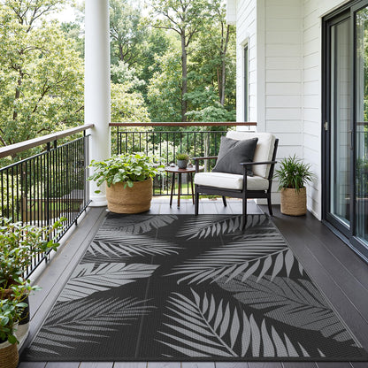 sarben Outdoor Rug 8’x10’ Waterproof for Patio Clearance, Reversible Indoor Outdoor Plastic Straw Camping Rug Carpet, RV Mat, Large Area Rug for Deck, Backyard, Balcony, Porch, Beach, Black & Grey