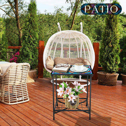 Cinnvoice Outdoor Side Table 2-Tier Storage Square Small Mosaic Patio Accent Indoor End Plant Coffee Tea Table for Yard Patio Porch Garden Living Room, Bedroom(Mandala Style)