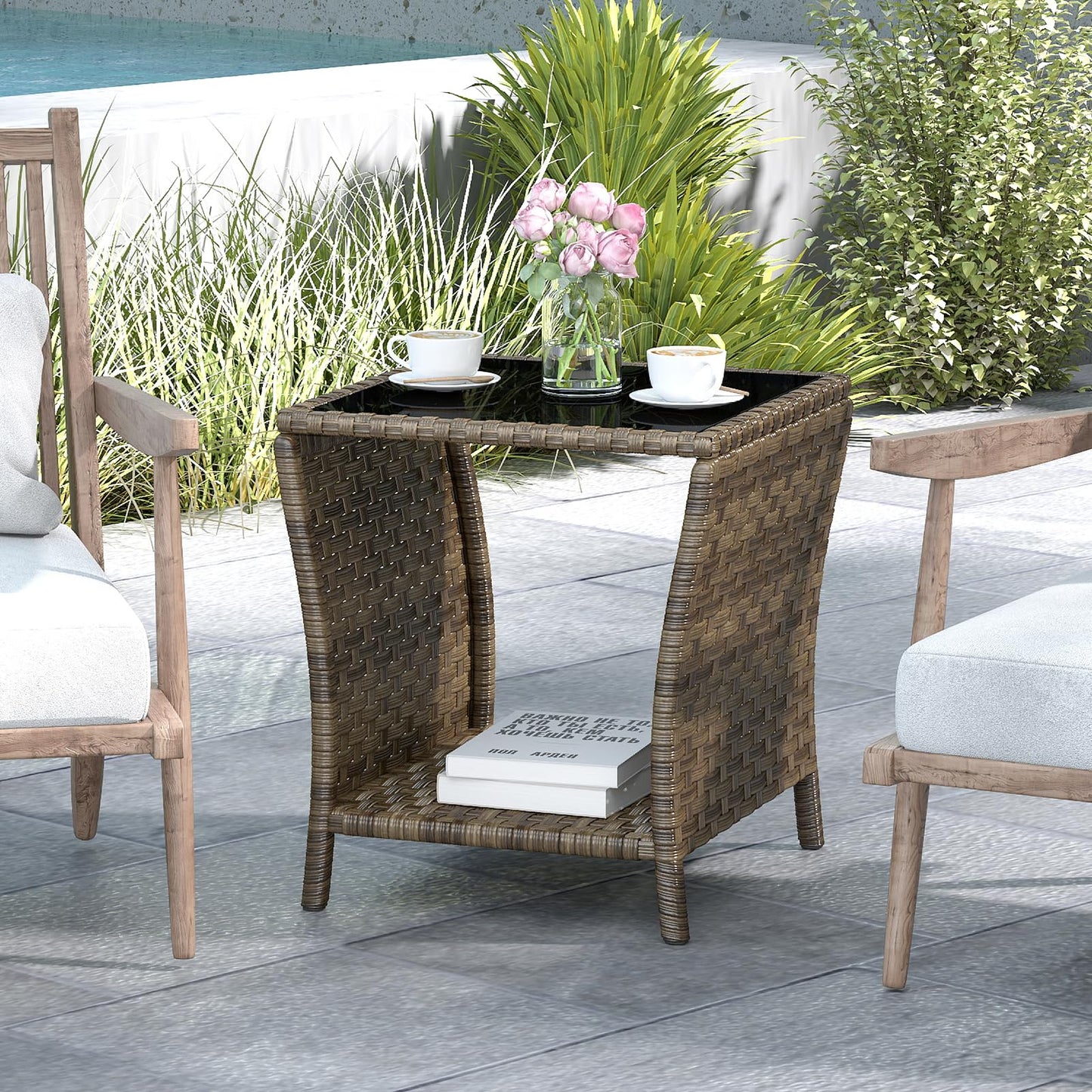 Elepude Outdoor Wicker Side Table Rattan Side Tables End Table for Patio with Glass Top Rattan Storage for Patio Garden Balcony
