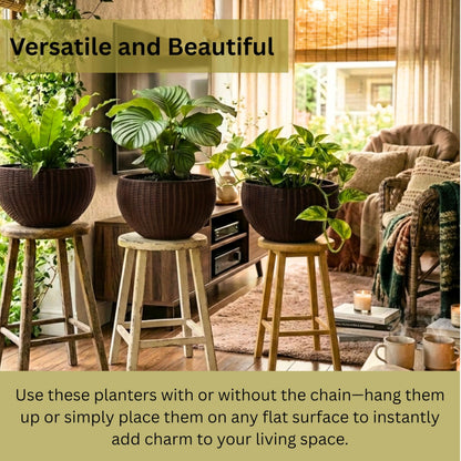 LaLaGreen Hanging Planters for Indoor Plants (11 Inch, 4 Pack) Brown Rattan Style Self-Watering Flower Pots with Water Level Indicator, Round Plastic Baskets with Metal Chain for Balcony, Porch Garden