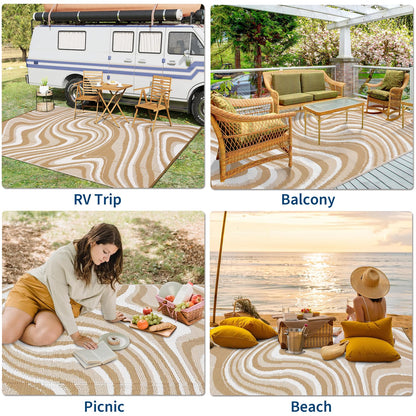Garvee 10x14 Modern Large Outdoor Rug, Waterproof Rug for Camping, Reversible Plastic Straw Rugs UV Resistant Abstract Carpet for Picnic Backyard Deck Balcony Porch Beach Trailer, Light Brown
