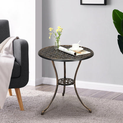 GarveeHome Patio Bistro Table, 24" Round Outdoor Coffee Table with 2" Umbrella Hole, Outdoor Cast Aluminum Bistro Table Side Table with Iron Frame for Balcony Backyard Lawn and Garden, Rustic Brown
