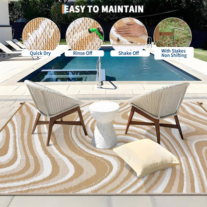 Garvee 10x14 Modern Large Outdoor Rug, Waterproof Rug for Camping, Reversible Plastic Straw Rugs UV Resistant Abstract Carpet for Picnic Backyard Deck Balcony Porch Beach Trailer, Light Brown