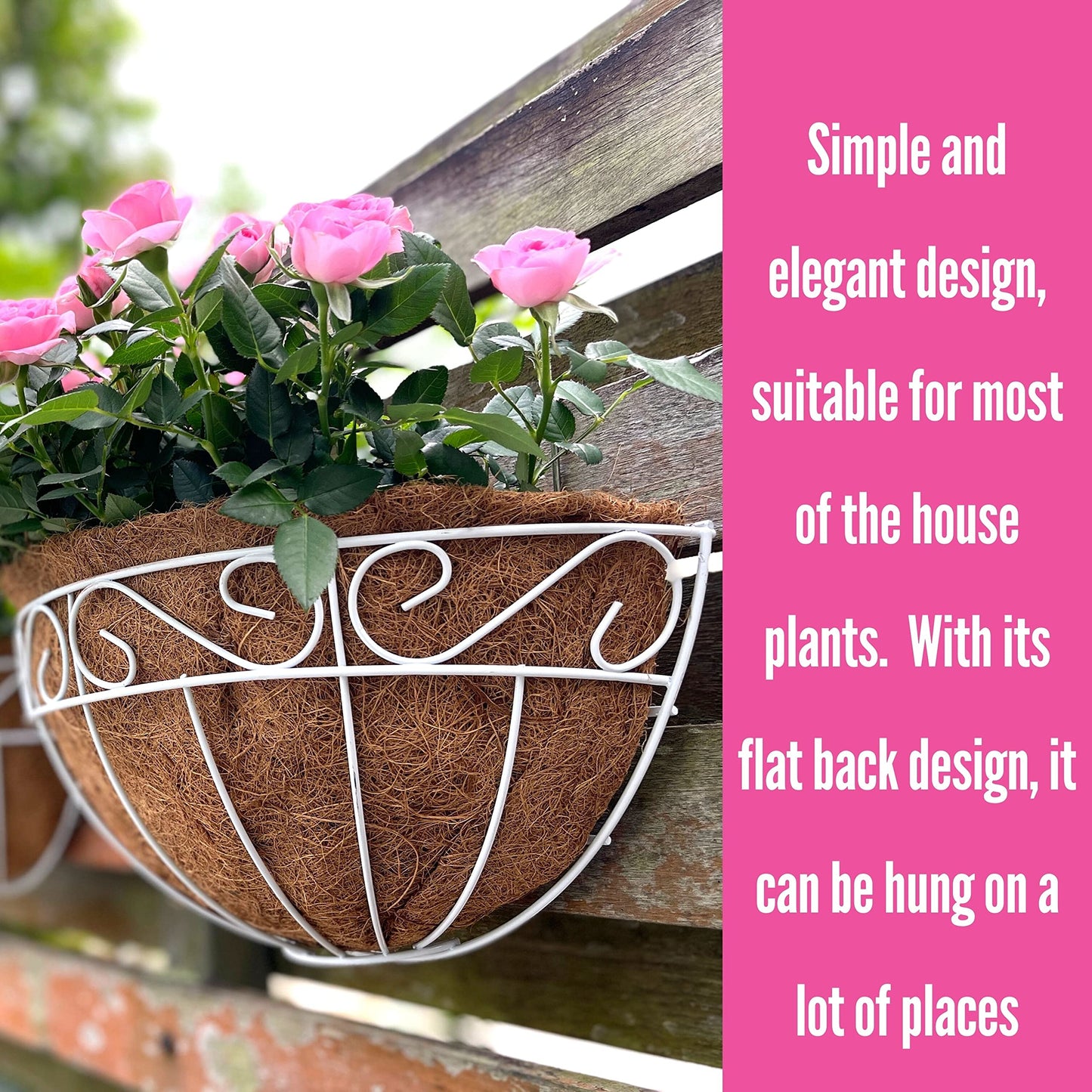 LaLaGreen Wall Mounted Flower Baskets (2 Pack, 12 Inch) Wall Hanging Planter with Coco Liner for Outdoor Plants, White Metal Wire Elegant Herb Pots Holder Fence Railing Deck Porch Balcony Garden Patio