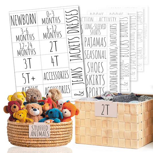 Hygge & Sage Nursery Organization and Kids Room Organization Label Stickers | 144 Clear Preprinted Stickers with Black Print | Easy to Remove Labels for Kids Playroom Storage or Nursery Storage