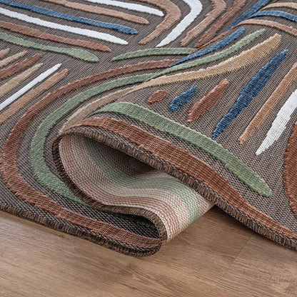 CAMILSON Indoor Outdoor Rug, Brown 5x7 Geometric Arch Striped Area Rugs for Patio and Home Areas, Easy-Cleaning Non-Shedding Living Room, Garden and Deck Washable Outside Carpet (5 x 7)