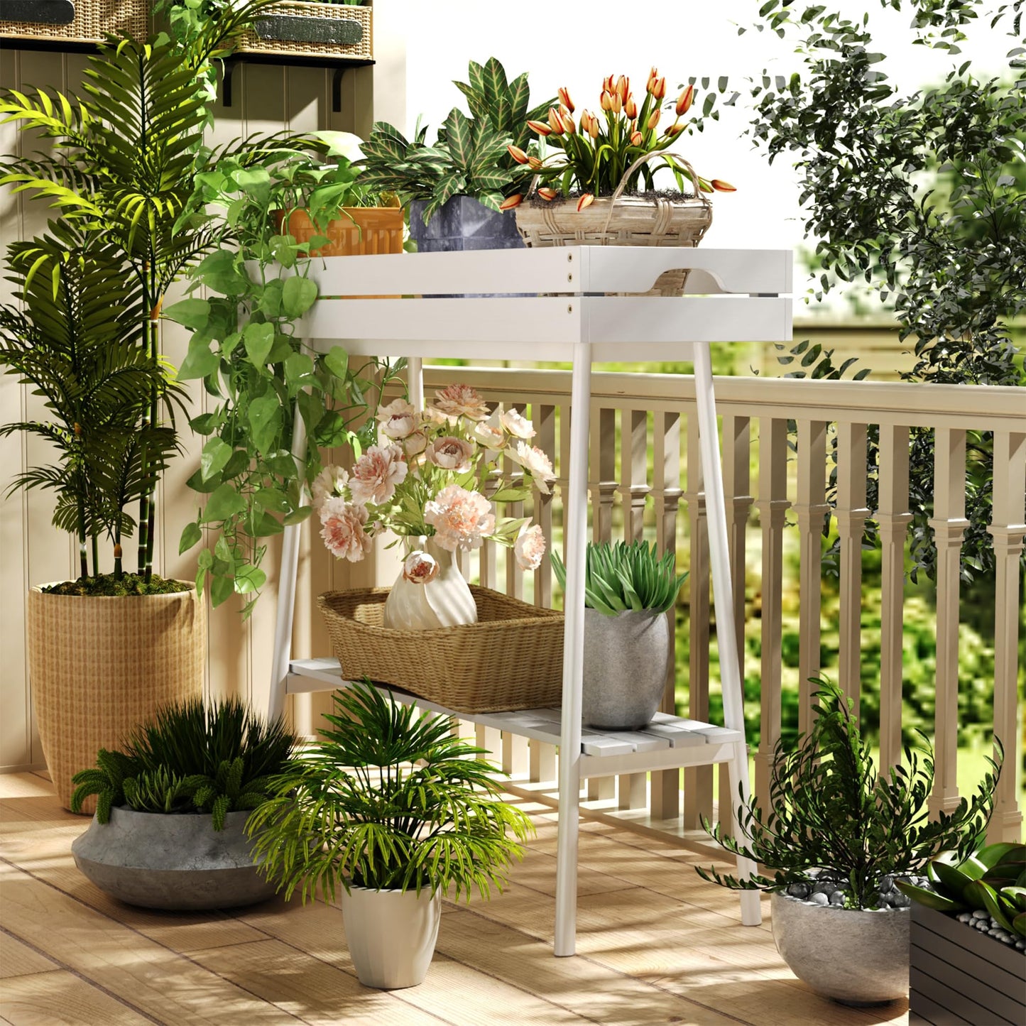 BAMBANG Bamboo Plant Stand Indoor, 2 Tier Small Plant Table, Tall Plant Stand for Indoor Plants, Window Sill Plant Shelf, Flower Pot Holder Plant Bench Plant Rack for Living Room Outdoor, White