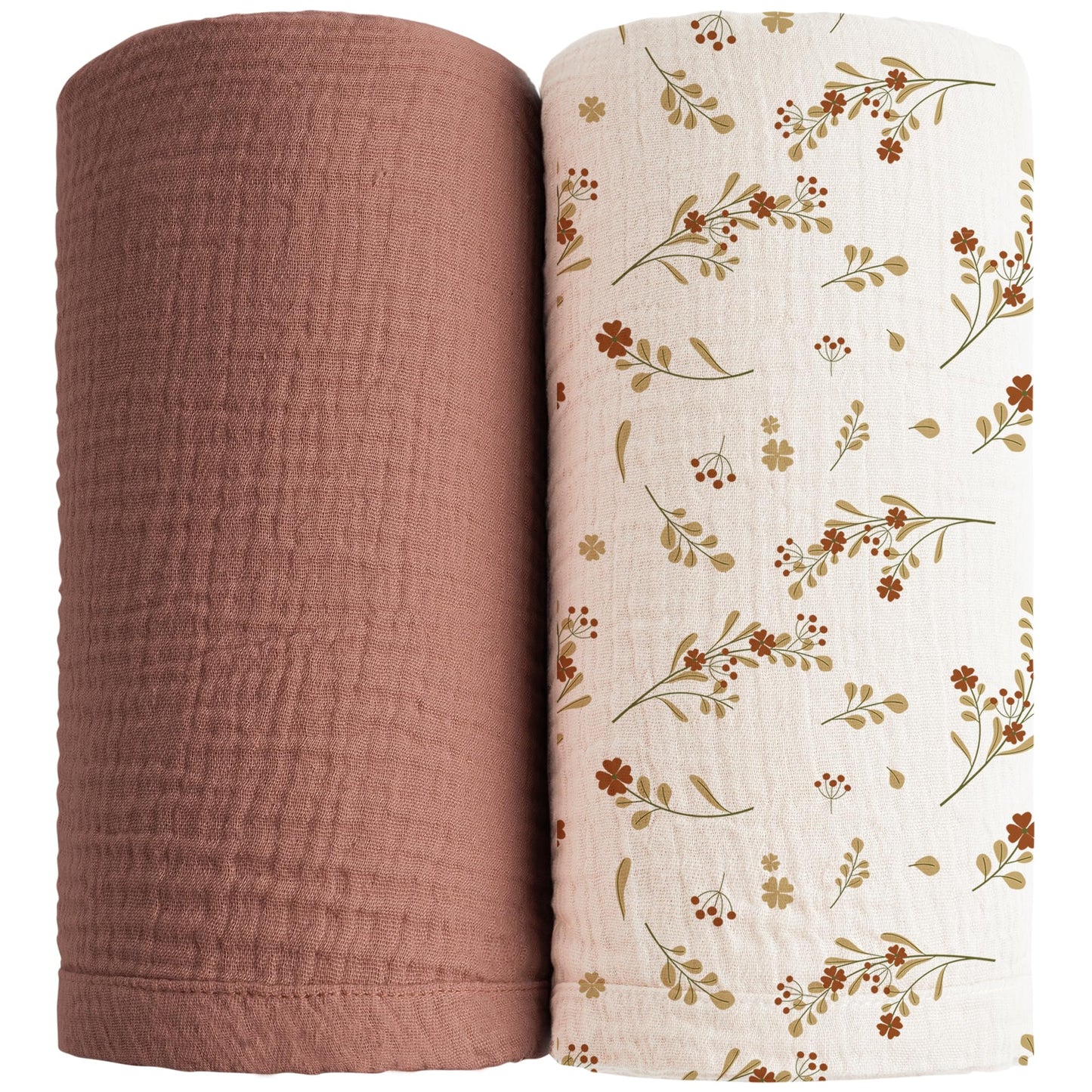 Konssy Muslin Swaddle Blankets for Girls Boys 2 Pack, 100% Cotton Receiving Baby Blanket Large 47 x 47 inches, Soft Breathable Swaddling Wrap for Unisex Newborn (Chestnut, Posy)