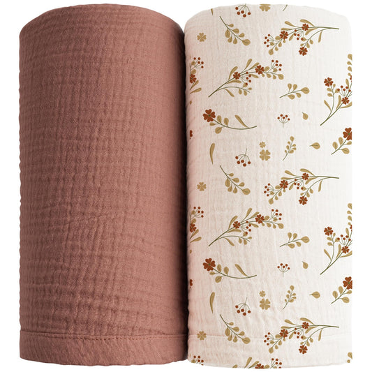 Konssy Muslin Swaddle Blankets for Girls Boys 2 Pack, 100% Cotton Receiving Baby Blanket Large 47 x 47 inches, Soft Breathable Swaddling Wrap for Unisex Newborn (Chestnut, Posy)