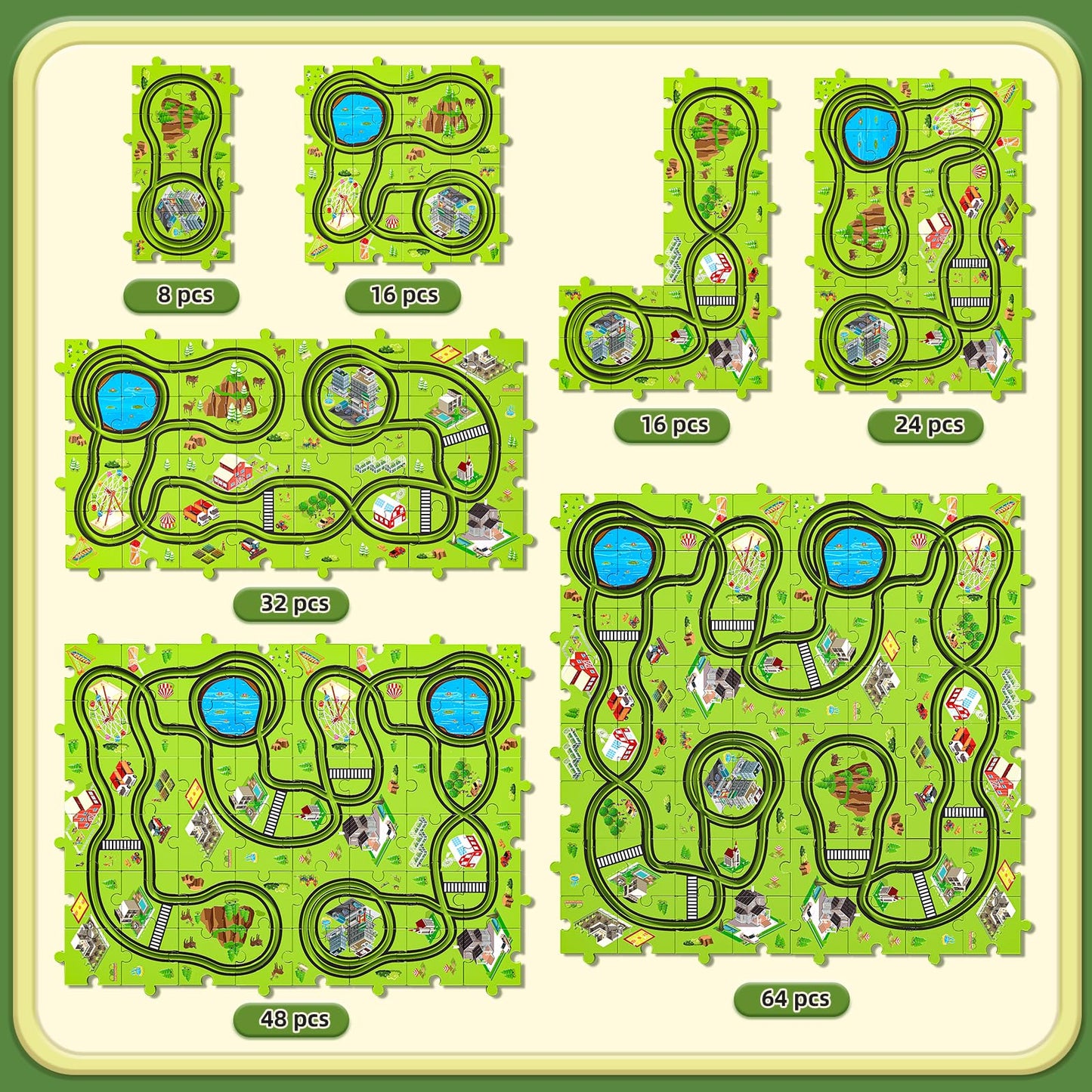 JUKUDAHU 64 Pieces Puzzle Race Track Car Set Toys for 3 4 5 6 Year Old Boys - Puzzle Tracks Car Toys for Kids Ages 3-5 with 3 Sliding Toy Cars, City-Themed, Birthday Gifts for Toddlers 1-3 2-4 4-6