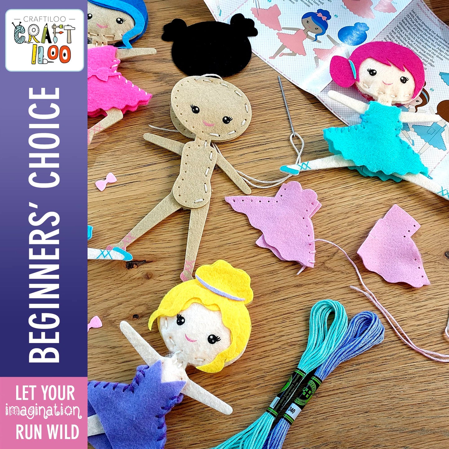 CRAFTILOO Ballerina Dancers Sewing Kit for Kids, Fun and Educational Craft Set for Boys and Girls Age 5-12, Sew Your Own Felt Ballerina Craft Kit for Beginners