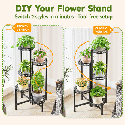 NQW Plant Stand Indoor Outdoor, 5 Tier Corner Metal Flower Display Holder Stand, Folding Tall Plant Rack for Patio Balcony Porch Garden Living Room House, Heavy Duty Wrought Iron Plant Shelf - BlackFlower