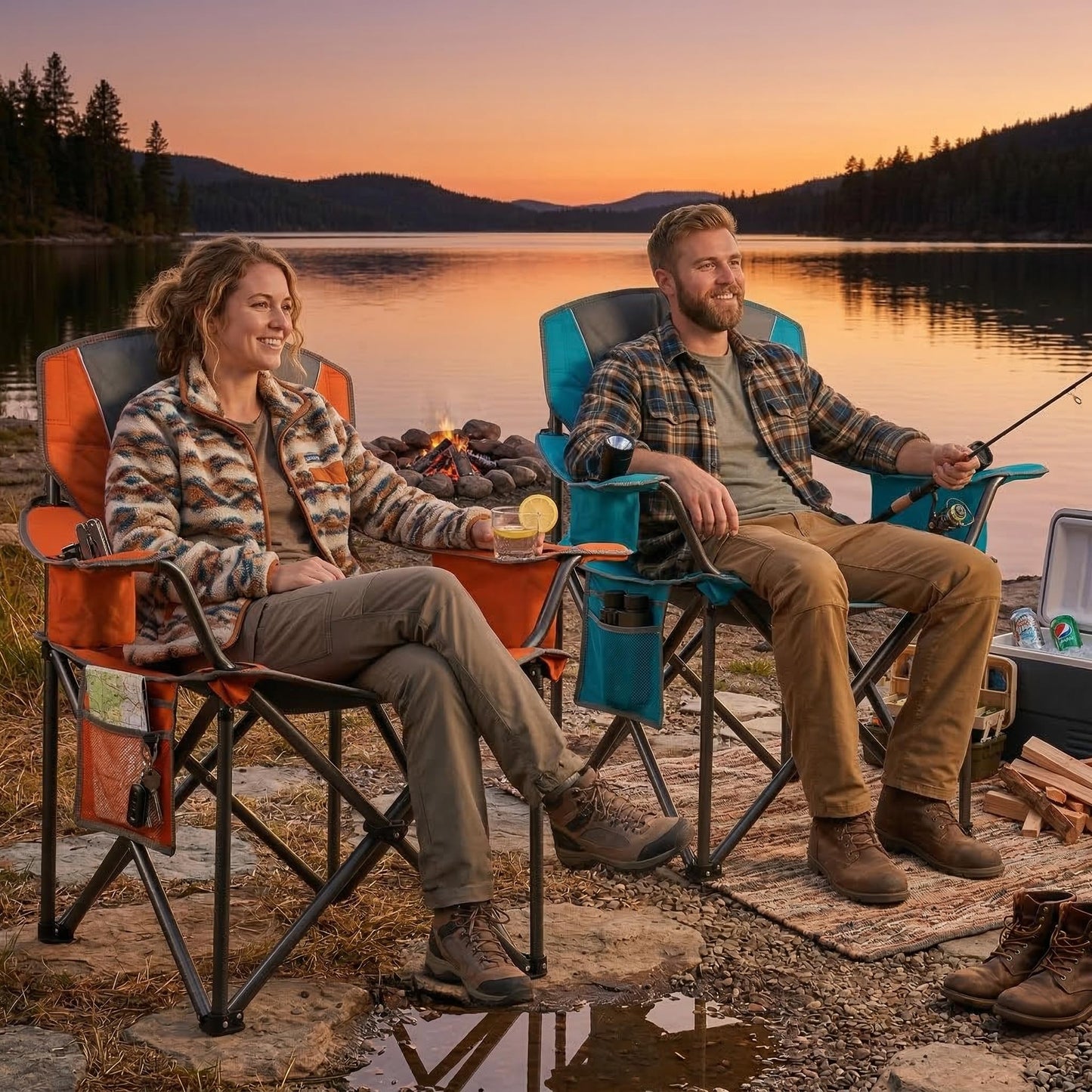 LANMOUNTAIN 2 Pack Padded Oversized Camping Chairs for Adults,Heavy Duty Support 400 Lbs,Folding Portable Lawn Chair w/Cup Holder,Cooler Bag,Side Pocket,Perfect for Outdoor Picnic,Hiking(Orange&Blue)
