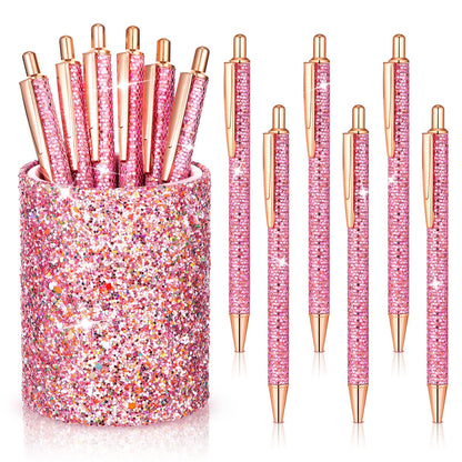 BBTO Bling Sequin Pen Holder with 6 Pcs Sequin Click Pens Cute Glitter Retractable Ballpoint Pens, Pencil Cups for Desk Organizer Makeup Brush Holder for Women Girls Classroom Offices(Pink)