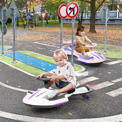 12V Electric Wiggle Car with Pedal for Kids, Rechargeable 2 in 1 Swing Car, Drifting Ride On Toys with Backrest, Anti-Rollover, Spray, Flashing Light, Music, for Ages 3 and Up (White)
