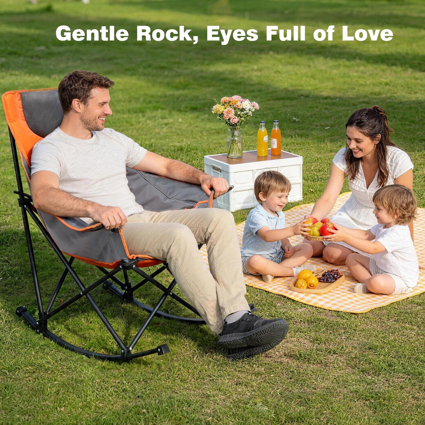 SUNNYFEEL Oversized Rocking Camping Chair, Fully Padded Patio Chair with Side Pocket, High Back Portable Lawn Recliner with Headrest, Outdoor Camp Rocker Chairs for Adults Heavy Duty 500 LBS Carry Bag