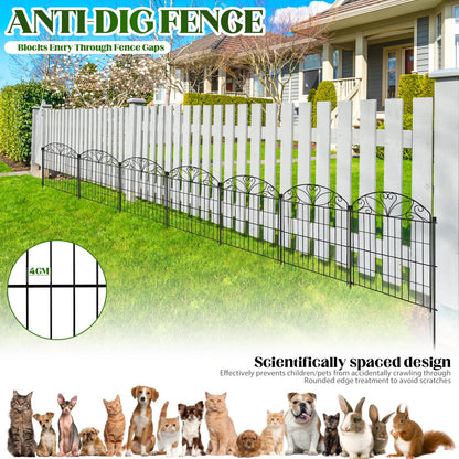 12 Panels No Dig Garden Fence with Gate, 32" H x 22.4ft, Decorative Metal Animal Barrier Dog Fence Outdoor for Yard, Walk-Through Iron Fencing for Flower Bed, Patio & Lawn