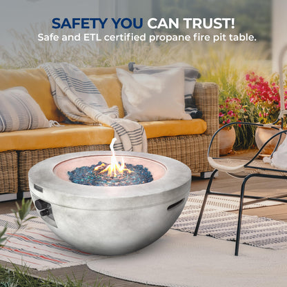 SereneLife 40,000 BTU Propane Fire Pit Table, Round Gas Fire Table with Adjustable Flame Height, Weather Resistant, Blue Glass Rocks, Safe and ETL Certified for Outdoor Use, 30" x 30" x 16.9" Inch