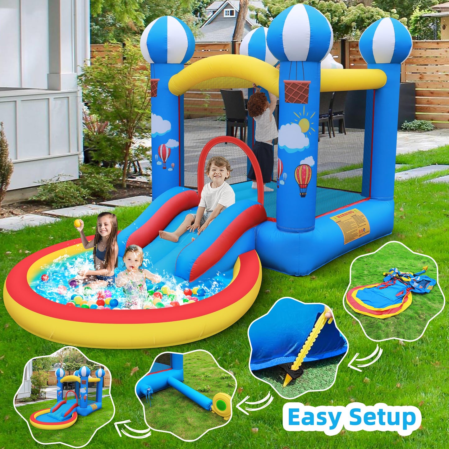 Culaluva Inflatable Bounce House: 4 in 1 Bouncy Castle with Ball Pit & Slide for Kids Age 3-6 with 370 Watt Blower and Storage Bag for Indoor Outdoor Play Oxford Cloth