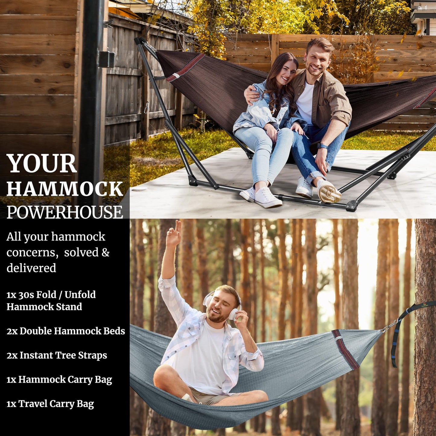 Tranquillo Combo x2 Hammocks with Stand for Outside & Tree Straps, Heavy Duty Hammock with Stand 600lbs for Indoor Outdoor Patio Backyard, x2 Hammocks for 2 Person (Combo - Brown, Medium)