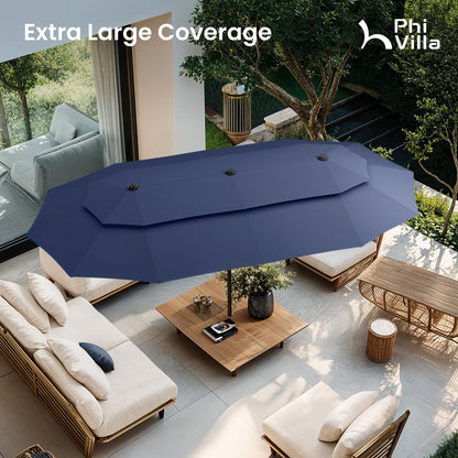 PHI VILLA 13ft Large Patio Umbrellas with Base Included, 2-Tier Double-Sided Outdoor Market Rectangle Umbrella for Outside, Blue