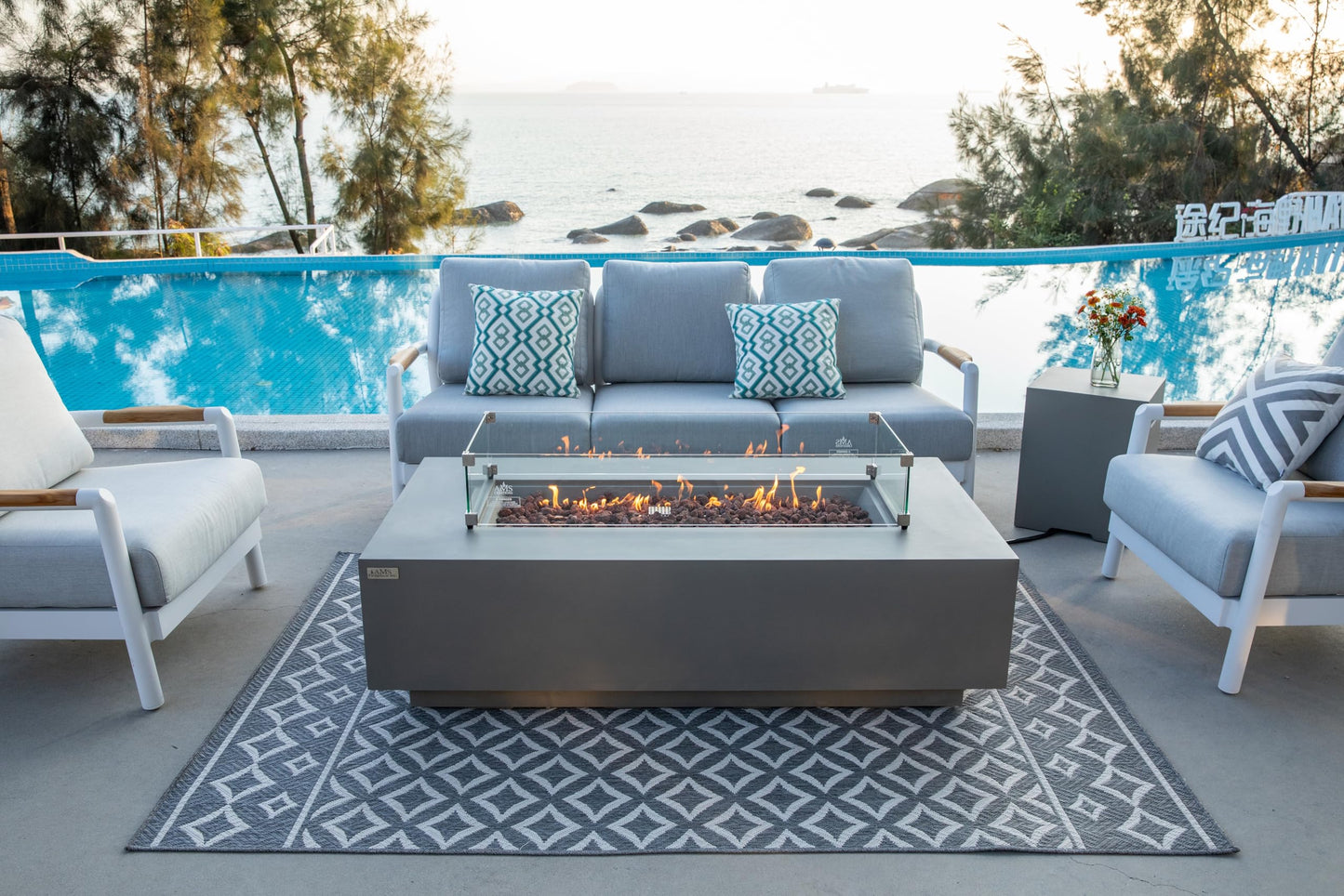AMS Creations | Madison 60" Bundle Rectangular Natural Gas Outdoor Fire Pit Table | Light Gray Concrete GFRC | Smooth Texture or Surface | Electronic Ignition | Outside Backyard Fireplace