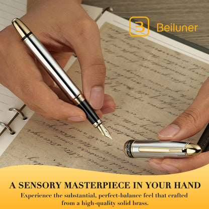 BEILUNER 315 Silver Chrome Fountain Pen,Stunning Luxury Pens with 24K Gold Accents, Gorgeous 24K Gilded Nib(Fine), Ink Converter,Fancy Pen Gift for Men&Women-Elegant, Office, Writing, Nice Design