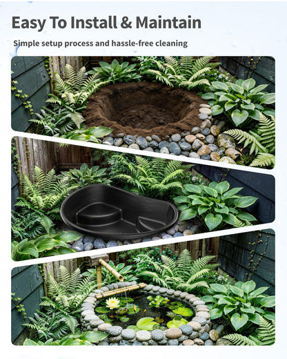 POPOSOAP Preformed Pond Liner, 33 Gallon Rigid Plastic Pond Tub Heavy Duty U-V Resistant Basin with Integrated Plant Shelves for Backyard, Garden and Patio Landscaping P797