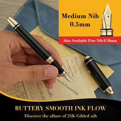 BEILUNER 315 Black Fountain Pen,Stunning Luxury Pens with 24K Gold Accents, Gorgeous 24K Gilded Nib(Medium), Ink Converter,Fancy Pen Gift for Men&Women-Elegant, Office, Reliable, Nice Design