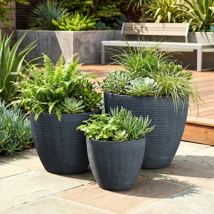 Casaphoria Large Plastic Planters Set of 3, 17/13/9 Inch Tall Plant Pots with Drainage, Modern Flower Pots for Indoor Outdoor Use, Decorative Tall Round Planters for Garden, Patio, Living Room, Blue