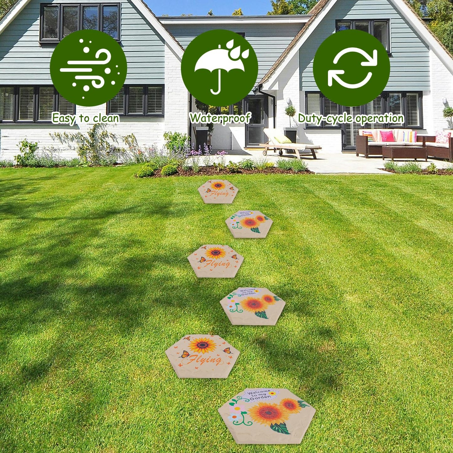 MARCHROSE 4Pcs Round Sunflower Stepping Stone Outdoor Garden Walkway, Durable Plastic Pavers for Patio, Pathway, and Landscaping, Weatherproof Stepping Stones with Ground Stakes (Hexagon Sunflower)