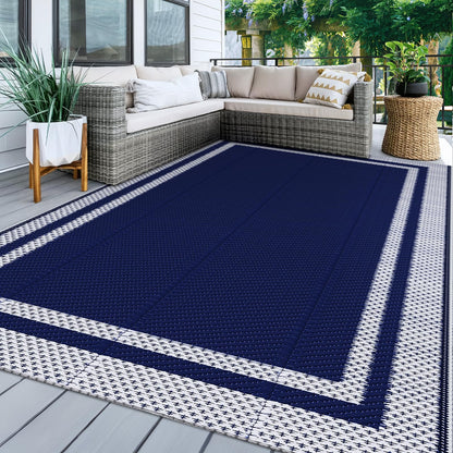 KMAT Outdoor Rug, Waterproof Reversible Patio Rugs, 8x10ft Large Outdoor Area Rug Foldable Plastic Camping Rugs for Outside RV, Patio,Picnic,Camper,Balcony,Porch (Blue &White)