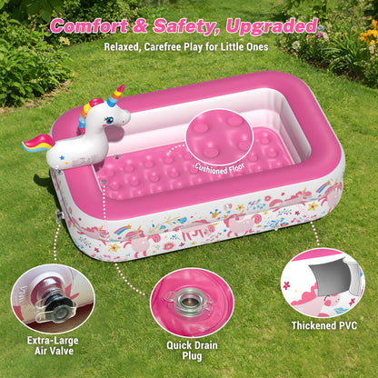 JOSEN Unicorn Kiddie Pool with Canopy and Sprinkler, Inflatable Baby Pool with Soft Cushioned Floor, Portable Toddler Blow Up Pool Ball Pit for Backyard, Outdoor/Indoor Play Toys