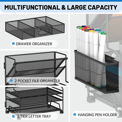 5 Tier Desk Organizer with Drawer & Pen Holders, Desk File Organizer Letter Tray Paper Organizer, Black