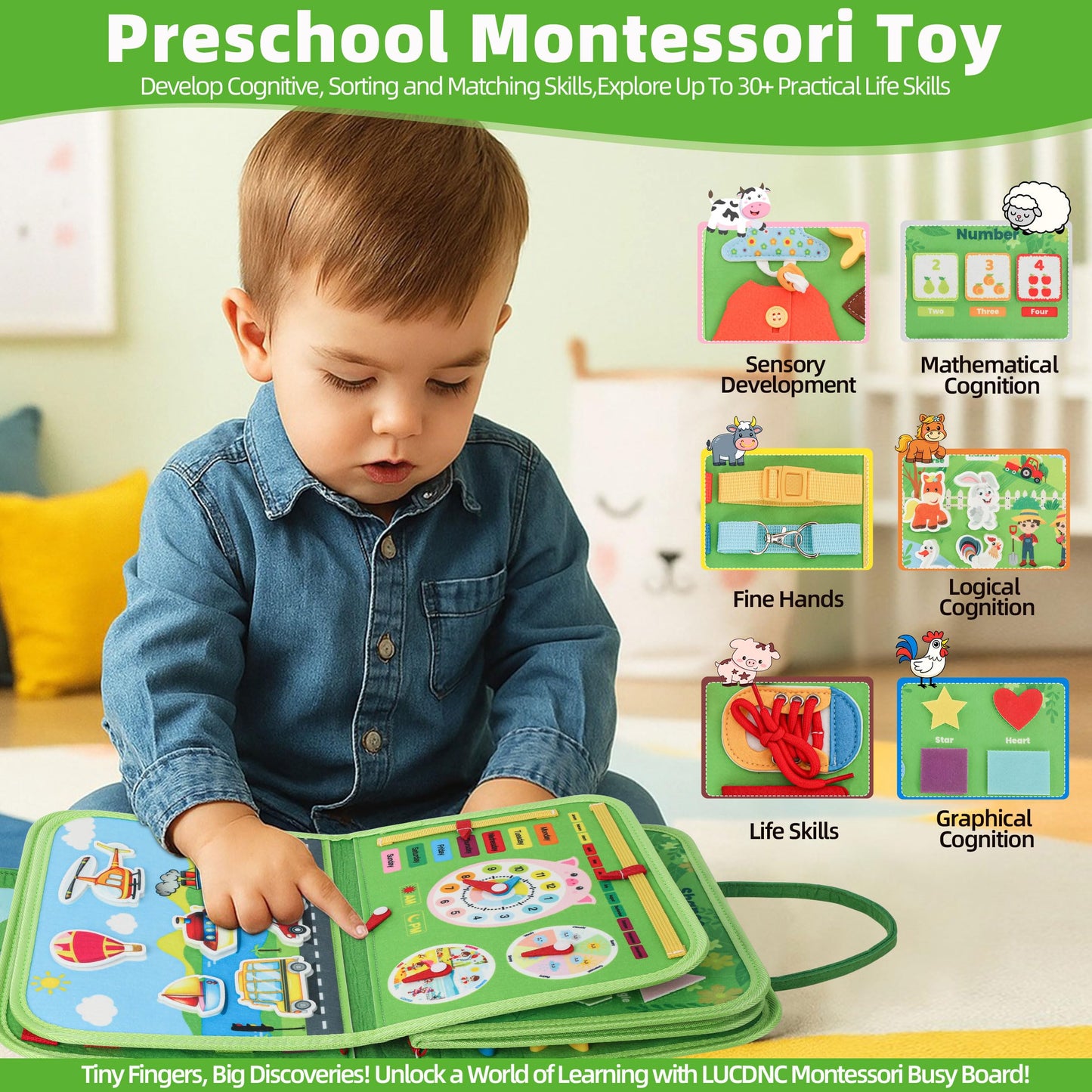 Toddler Busy Board Montessori Toys for 3 Year Old Birthday Gifts for Kids 10 Pages in 1 Soft Felt Activity Book Develop Fine Skills Educational Learning Sensory Travel Toys for Airplane Car