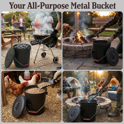 Home-Complete 4.75 Gallon Black Ash Bucket with Lid and Shovel-Essential Tools for Fireplaces, Fire Pits, Wood Burning Stoves-Hearth Accessories
