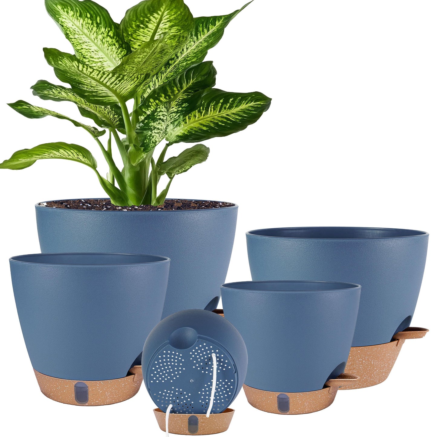 Self Watering Pots for Inoor Ourdoor Plants 10/9/8/7/6.5 Inch Plastic Planters with Drainage Holes & Water Level Indicator, Decorative House Flower Nursery Planting Pots with Saucers (Navy Blue)
