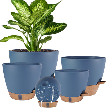 Self Watering Pots for Inoor Ourdoor Plants 10/9/8/7/6.5 Inch Plastic Planters with Drainage Holes & Water Level Indicator, Decorative House Flower Nursery Planting Pots with Saucers (Navy Blue)