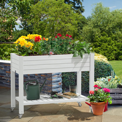 YITAHOME 3.6x1.5x2.8 FT Elevated Garden Bed Kit with Legs and Wheels, Outdoor Large Resin Planter Box Stand with Drain Plug and Storage Shelf for Plants Vegetables Fruits, Grayish-White
