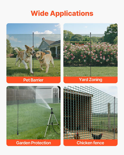 VEVOR Temporary Fence with Posts, 3 x 49.2 FT Plastic Mesh Fencing, Garden Safety Fences Netting with Double-Spike Stakes & Guy Ropes, Temporary Fence for Dogs, Chickens, Plants, Outdoor Yards