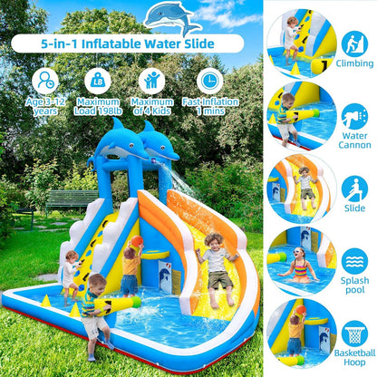 TOAOB Inflatable Water Slide,5 in 1 Dolphin Inflatable Bounce House for Kids- Climbing Wall Splash Pool Water Cannon Basketball Rim - 480W Blower - for Indoor Outdoor Backyard Birthday Party