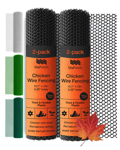 Maporch Plastic Chicken Wire Fencing for Pet Protection - 15.7" x 10ft, Black HDPE Mesh - Garden Fence Animal Barrier for Dogs, Cats and Rabbits (2-Pack)